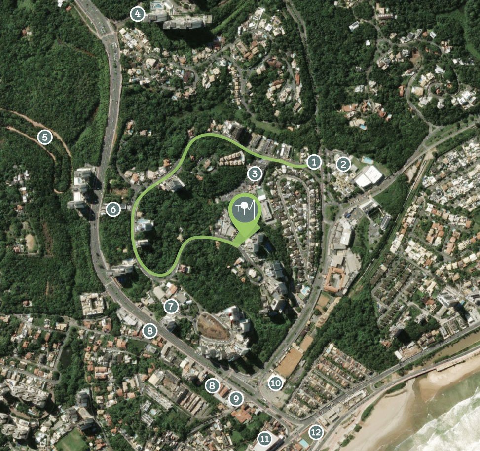 Mapa de localização do TOM Colina de Patamares, na Rua Bicuíba, Patamares, com pontos de interesse numerados